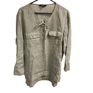 Ellen Tracy Ladies Size XL Beige Linen Pull On Top‎ 3/4” sleeves, gold hardware